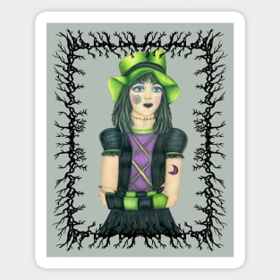 Goth Girl Branch Frame Green Hat Magnet